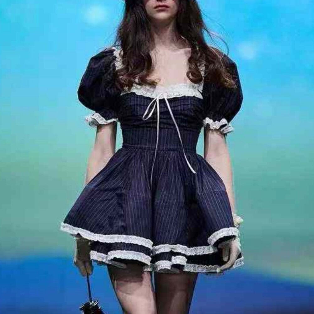 Selkie The Pinstripe Bonny Mini Dress Large Black White Lace Holiday - Picture 2 of 16